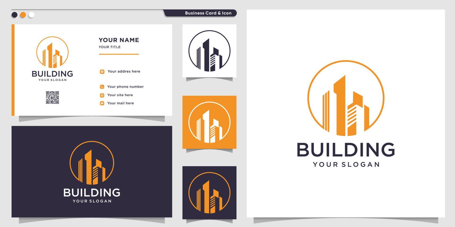 Building logo with circle concept and business card design template Premium Vector