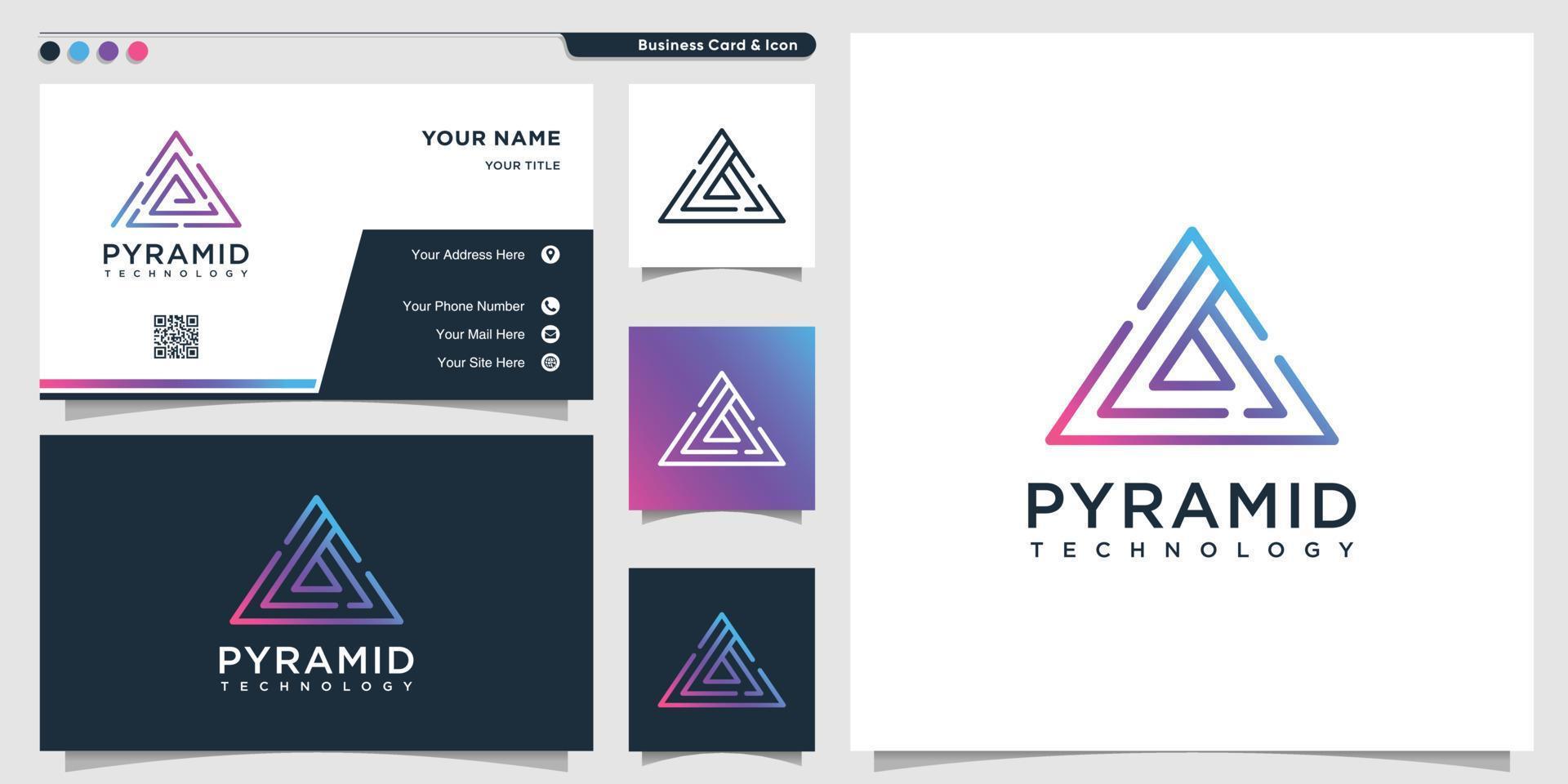 Pyramid logo with triangle line art technology style and business card design template Premium Vector
