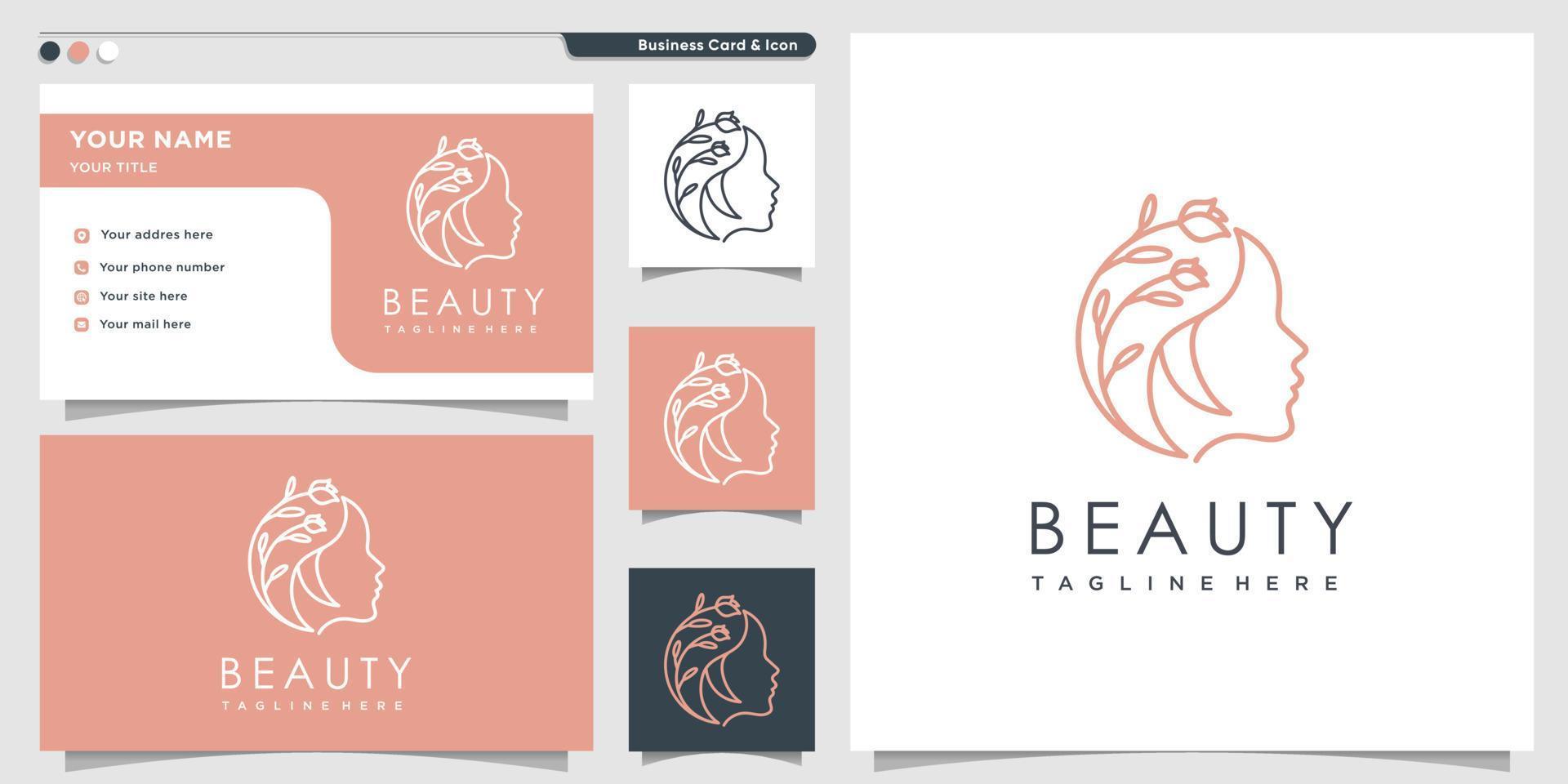 Beauty logo with flower line art style and business card design, template, logo, woman, Premium Vector