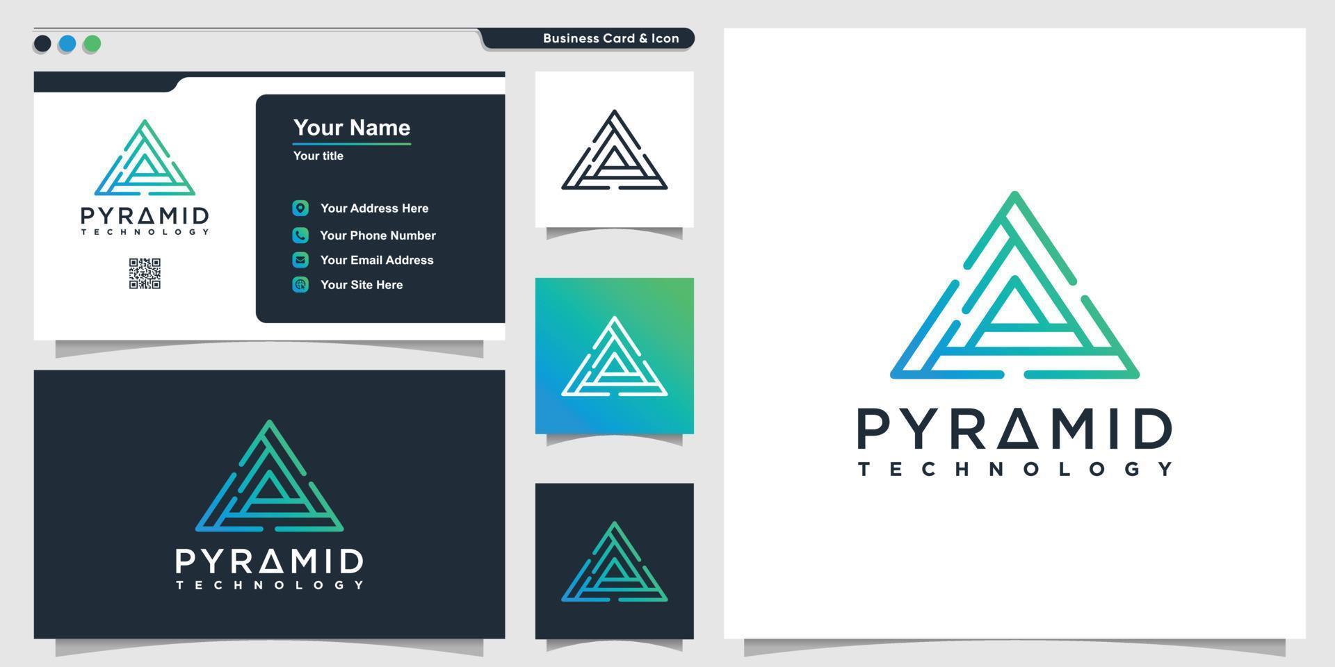 Triangle logo with technology line art pyramid style and business card design template Premium Vector