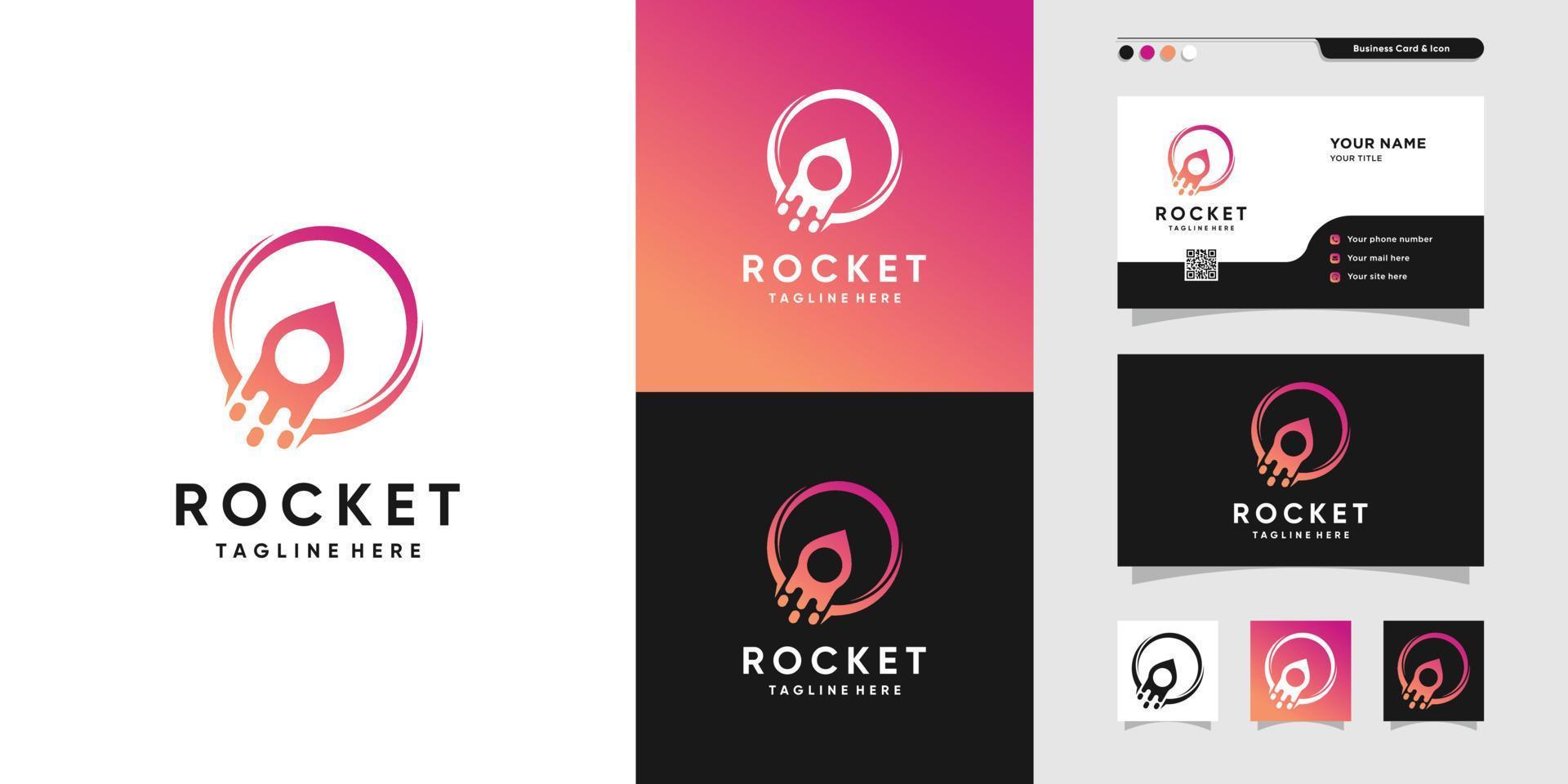 genial logotipo de cohete y diseño de tarjeta de visita. planeta, degradado, tarjeta, lanzamiento, icono, vector premium