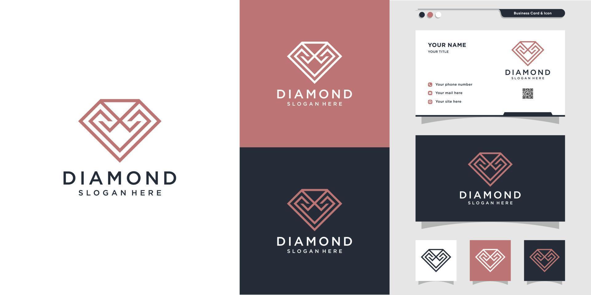 logotipo de diamante con estilo de arte de línea y diseño de tarjeta de visita, lujo, abstracto, belleza, icono, hexágono, vector premium de gemas