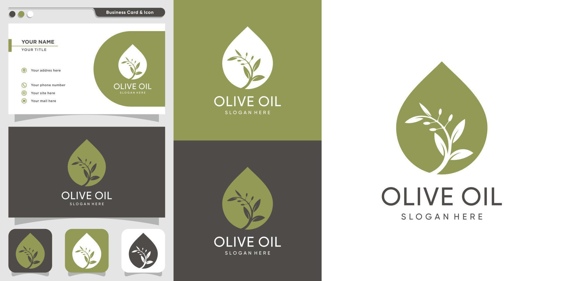logotipo de aceite de oliva y plantilla de diseño de tarjeta de visita, marca, aceite, belleza, verde, icono, salud, vector premium