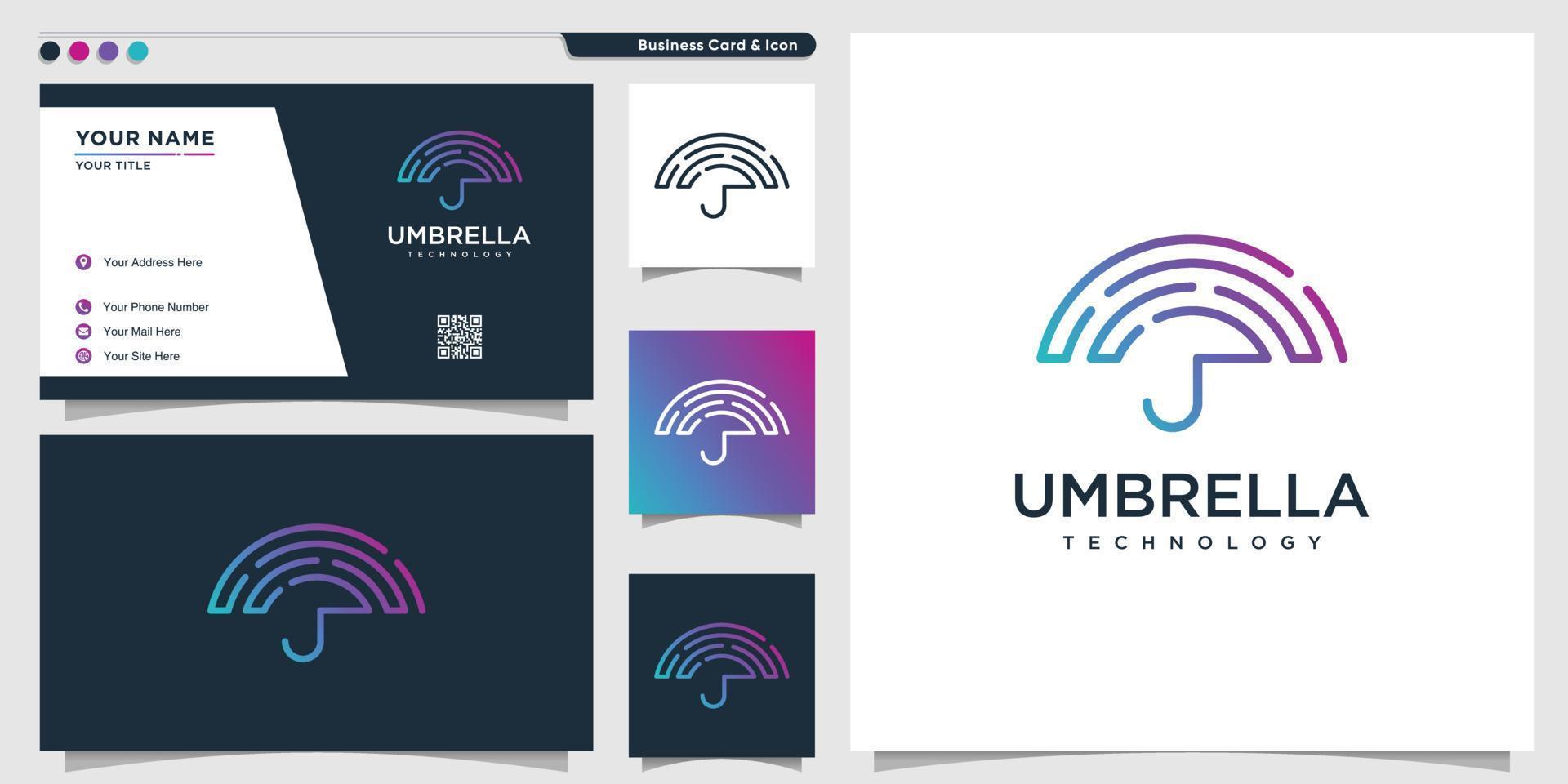 Umbrella logo with technology line art style and business card design template, tech, logo template, Premium Vector