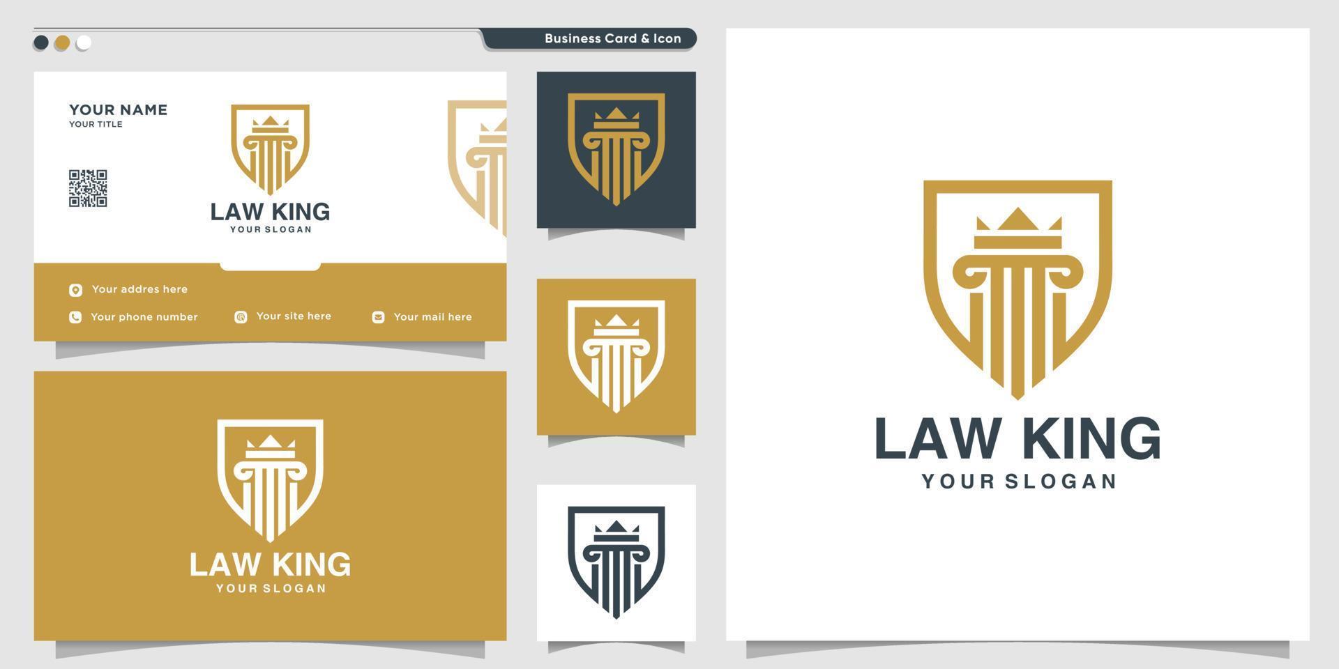 Law logo with shield style and business card design template. gold, logo, template, Premium Vector