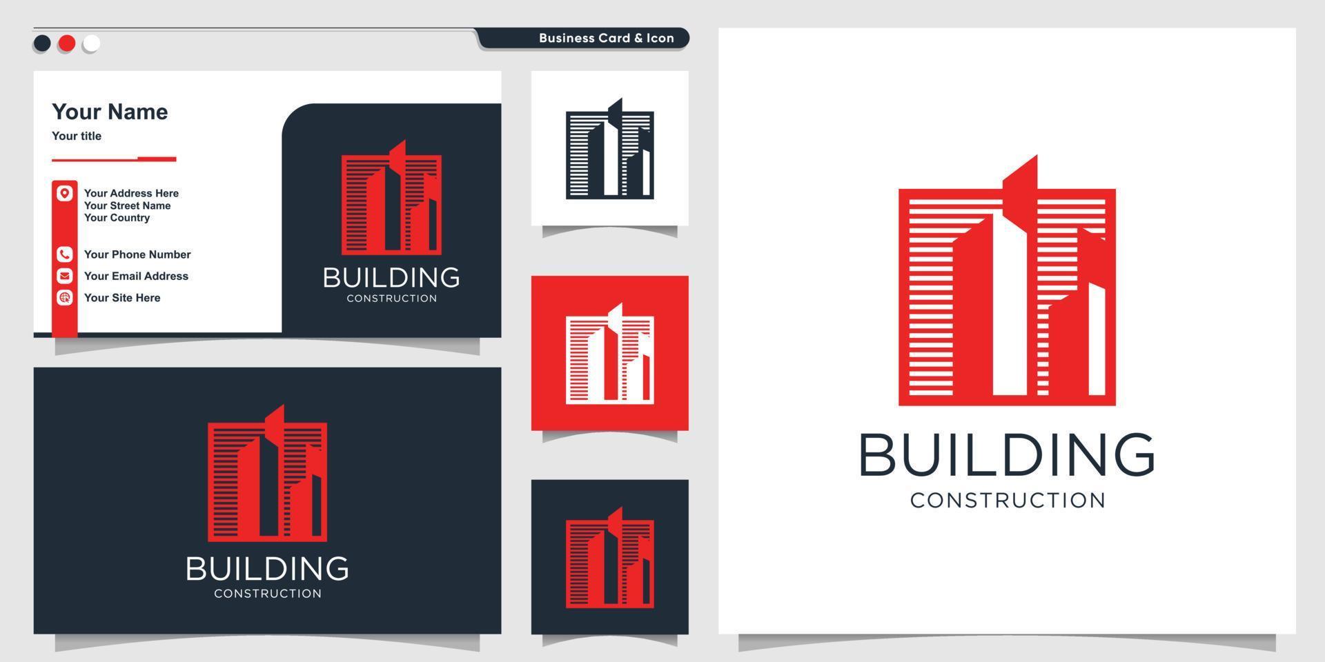 Building logo with unique style and business card design template, construction, Premium Vector