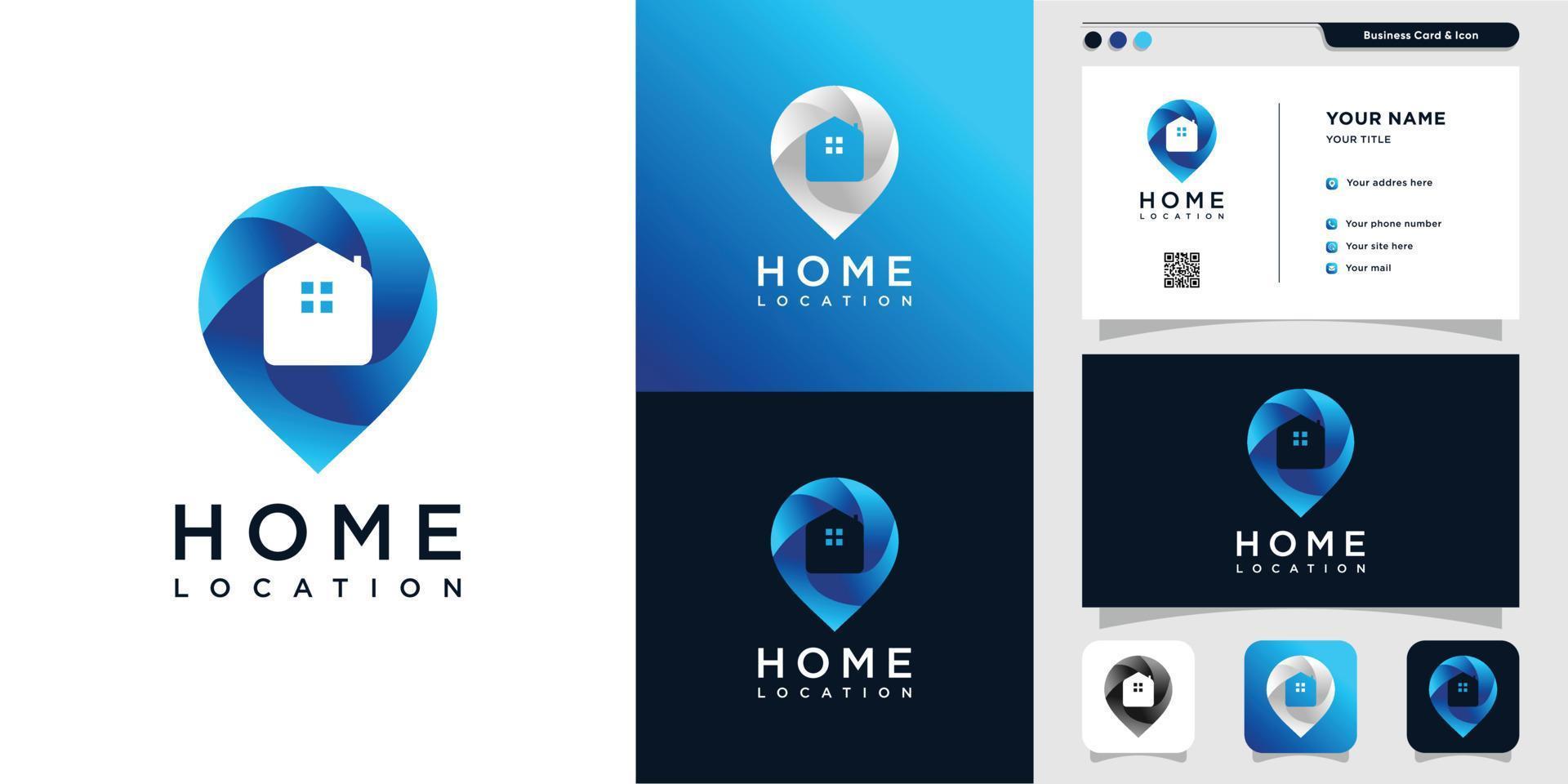 Home location logo and business card design. pin, map, location, home, house, icon, building Premium Vector