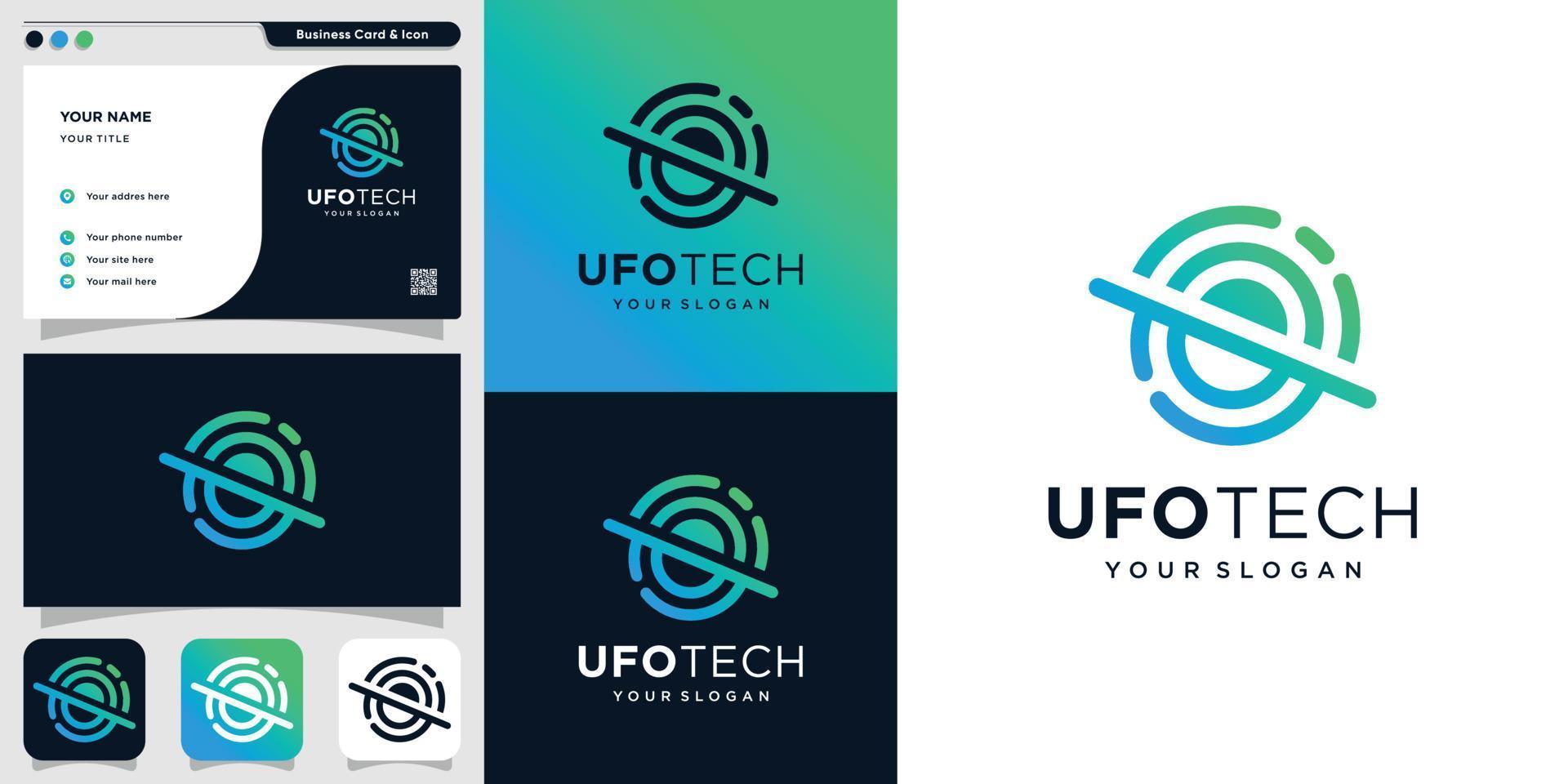 Ufotech logo with line art style and business card design template, unique, modern, new, technology, alien, Premium Vector