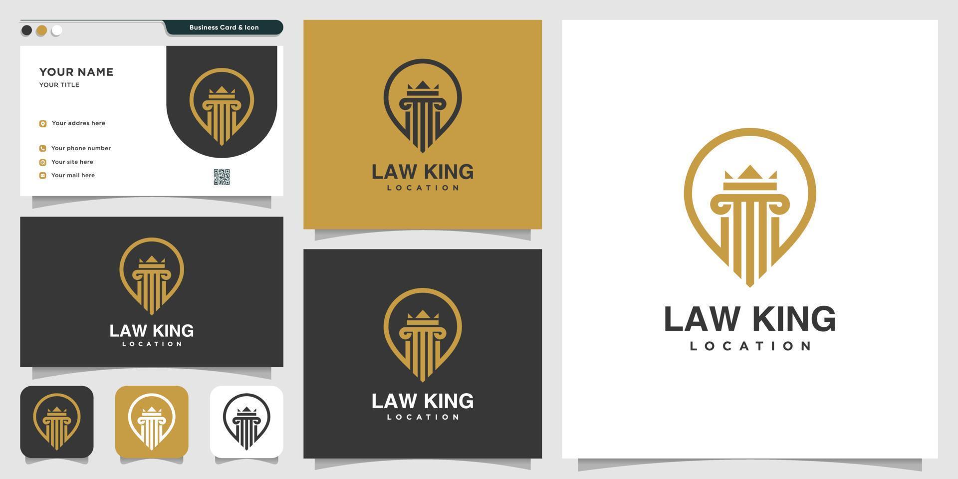 logotipo de la ubicación del rey de la ley y plantilla de diseño de tarjeta de visita, abogado, justicia, logotipo de alfiler, logotipo de la ley, vector premium