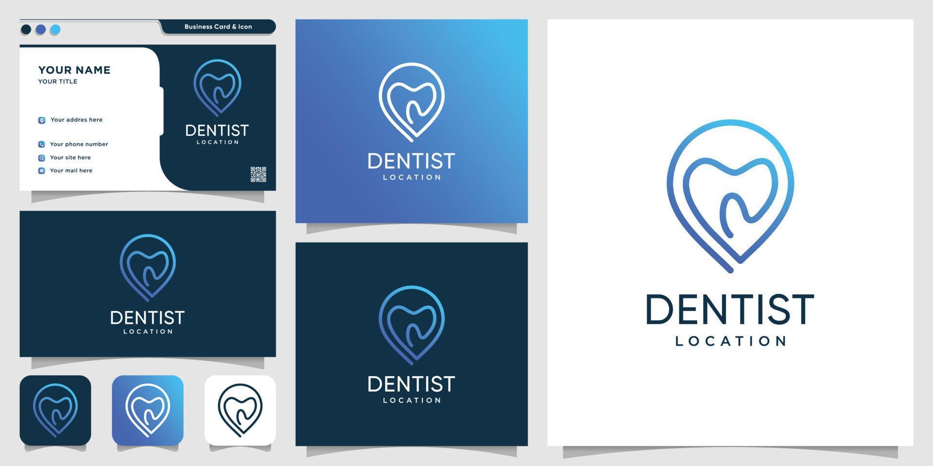 ubicación del logotipo dental con estilo de arte de línea y plantilla de diseño de tarjeta de visita, dentista, dental, ubicación, cuidado, icono, vector premium