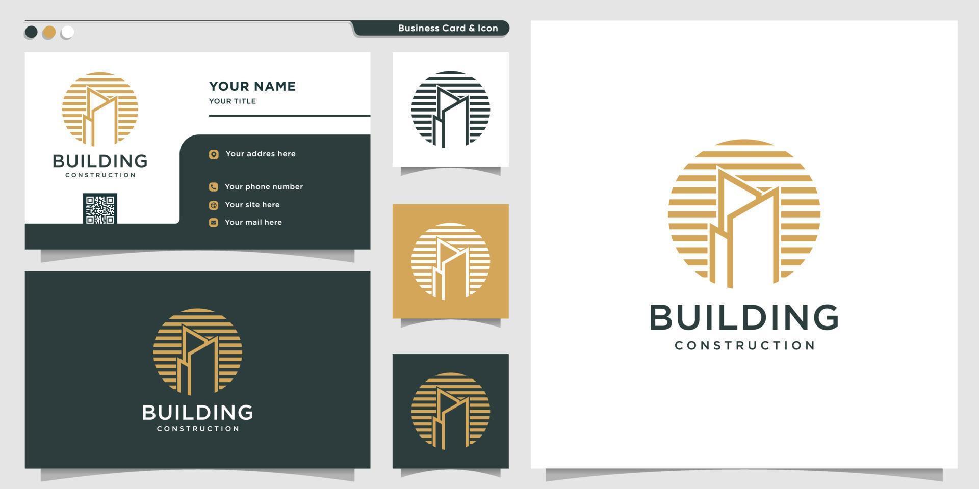 logotipo de construcción con estilo de línea horizontal y plantilla de diseño de tarjeta de visita, edificio, construcción, estado, nuevo concepto, vector premium