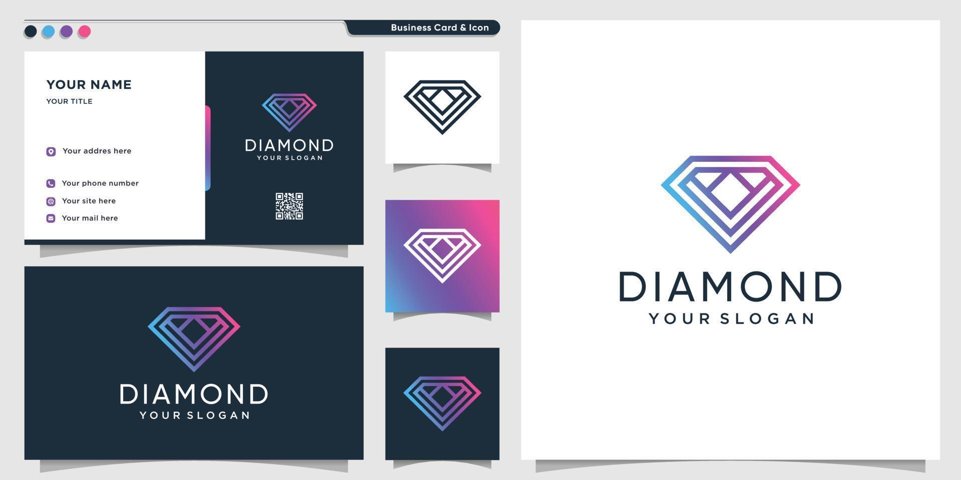 Diamond logo with gradient line art style and business card design Premium Vector
