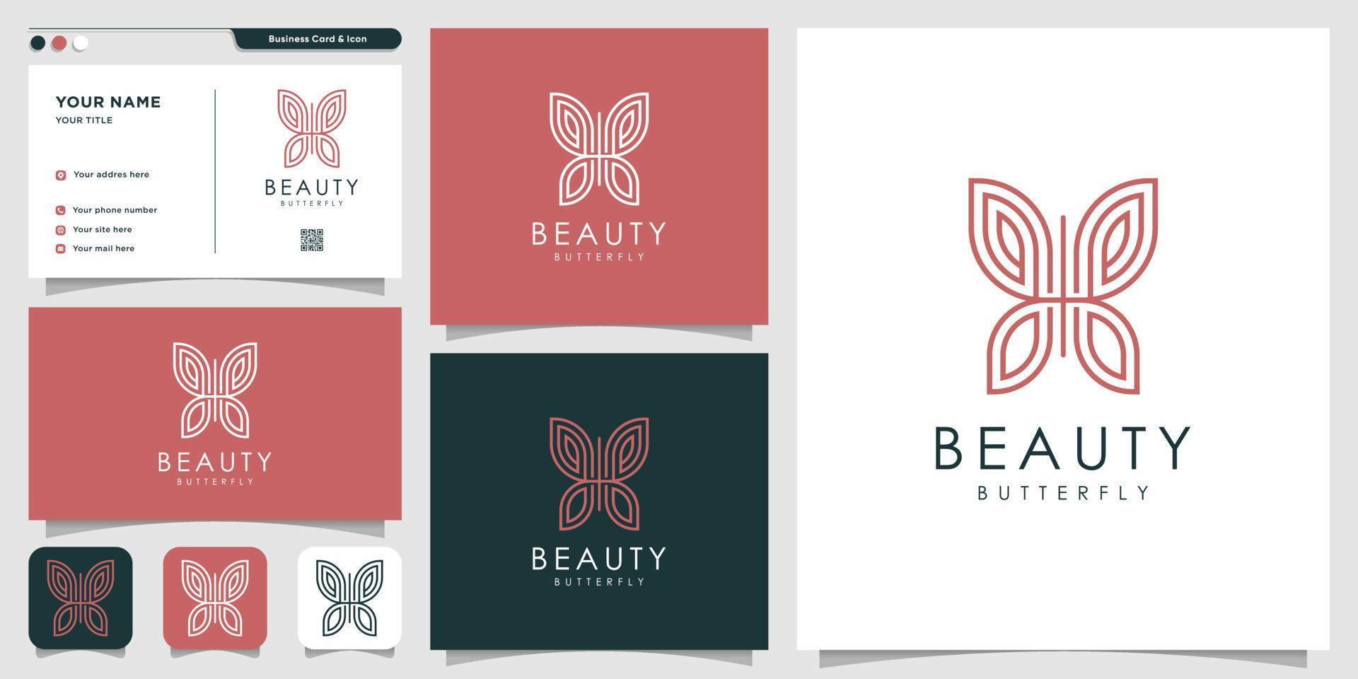 logotipo de mariposa con estilo de arte de línea y diseño de tarjeta de visita, belleza, contorno, arte de línea, lujo, vector premium