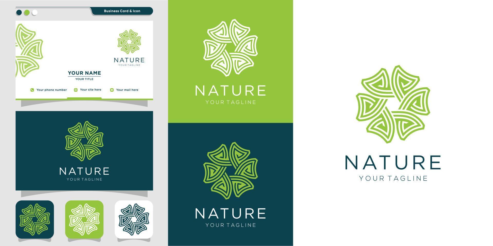 Nature logo with line art style and business card design template, fresh, line art, flower, icon, organic, Premium Vector