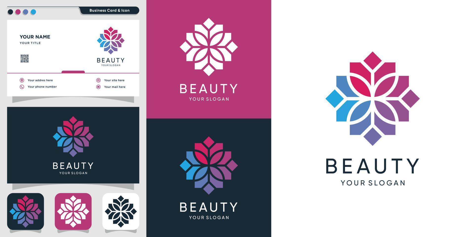 logotipo de flores de colores de belleza y diseño de tarjeta de visita, spa, belleza, salud, mujer, icono vector premium