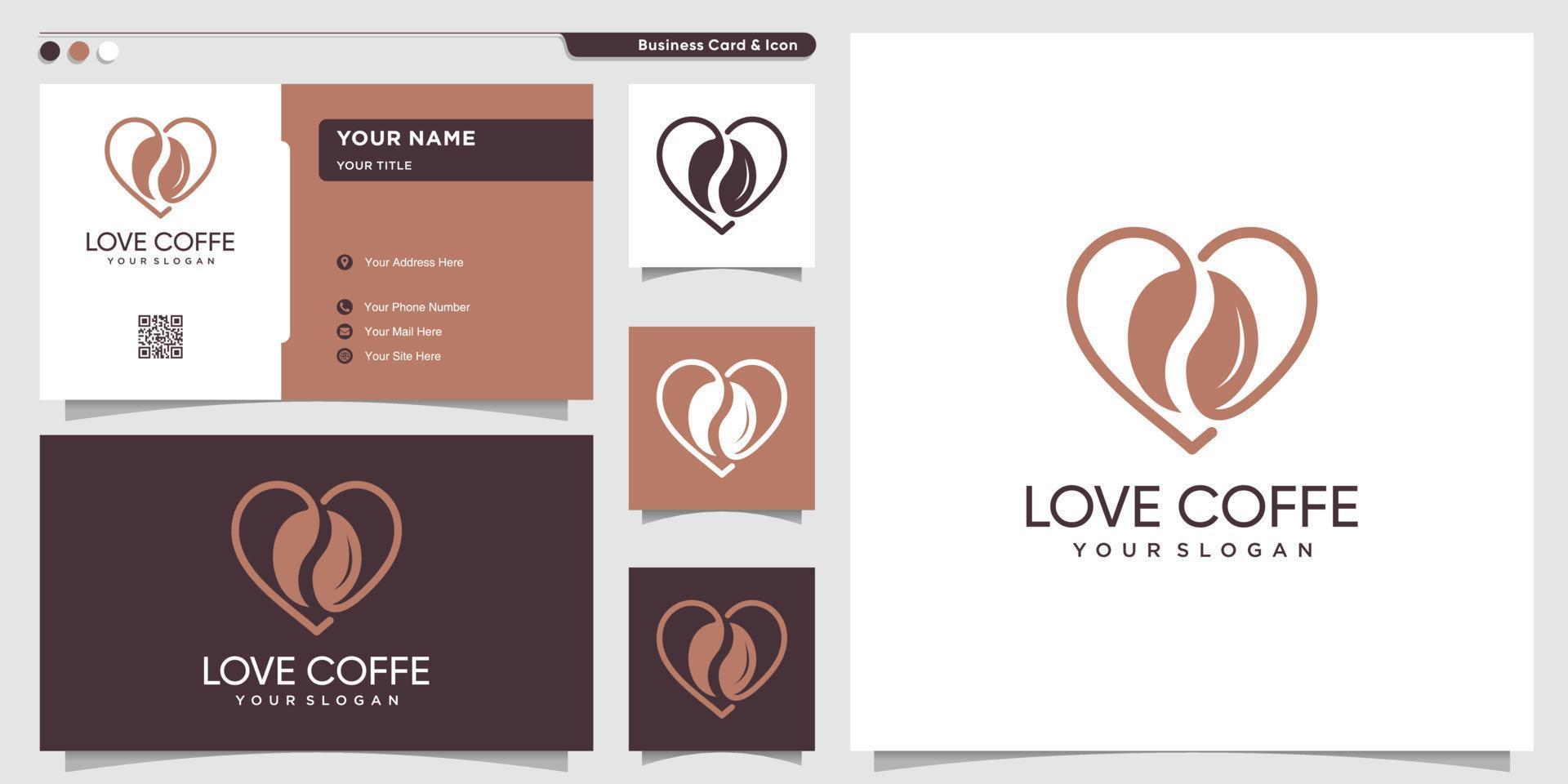 logotipo de café con estilo de línea de amor y plantilla de diseño de tarjeta de visita vector premium