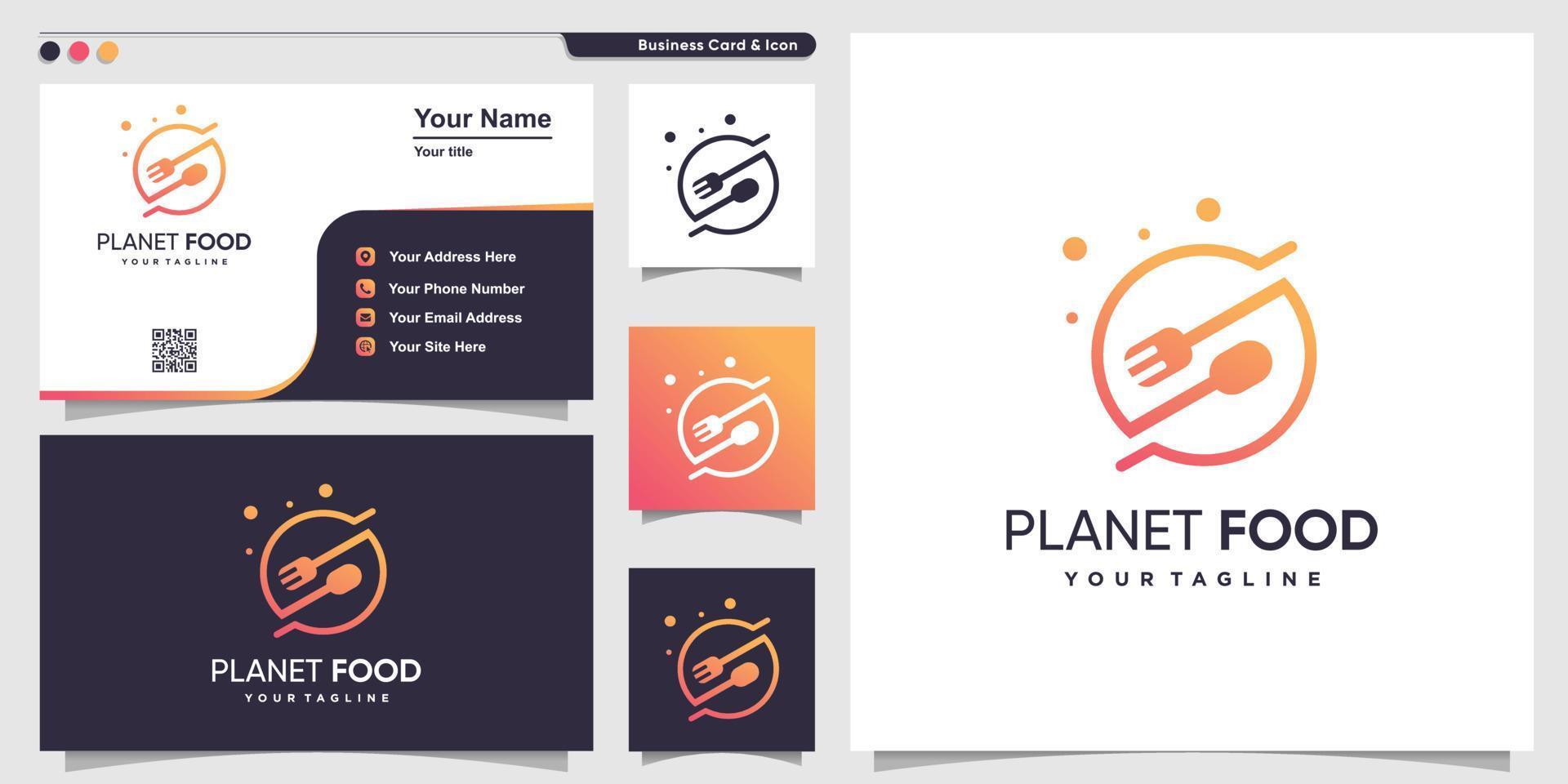 Food logo with line art planet style and business card design template Premium Vector
