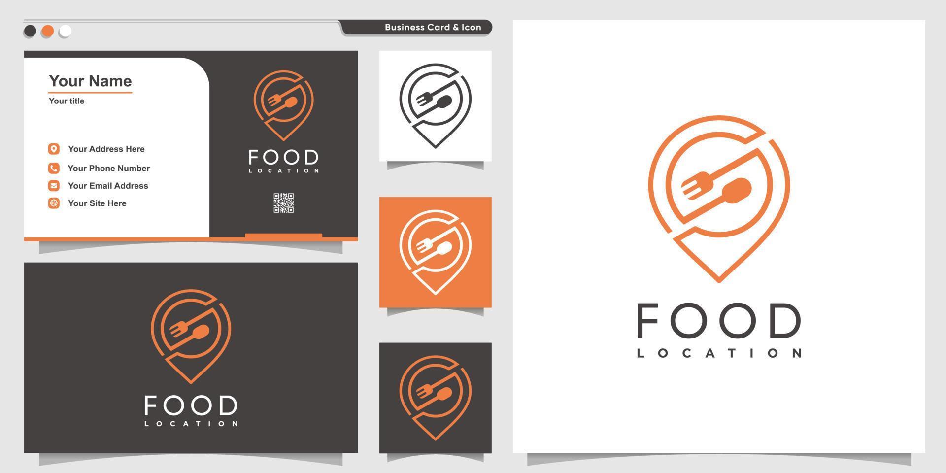 Food logo with line art pin location style and business card design Premium Vector