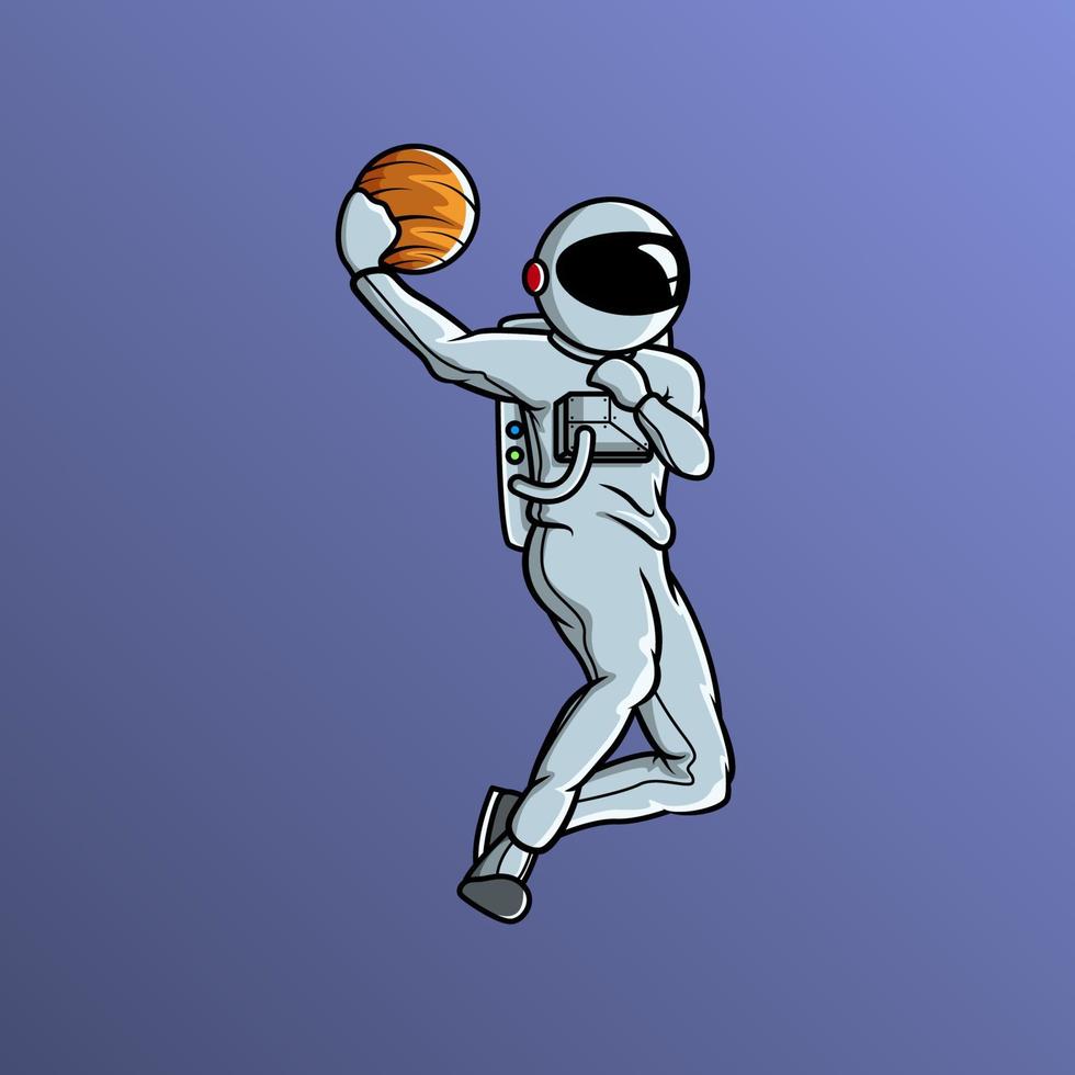 astronauta jugando a la pelota del planeta y haciendo slam dunk ilustración vectorial vector