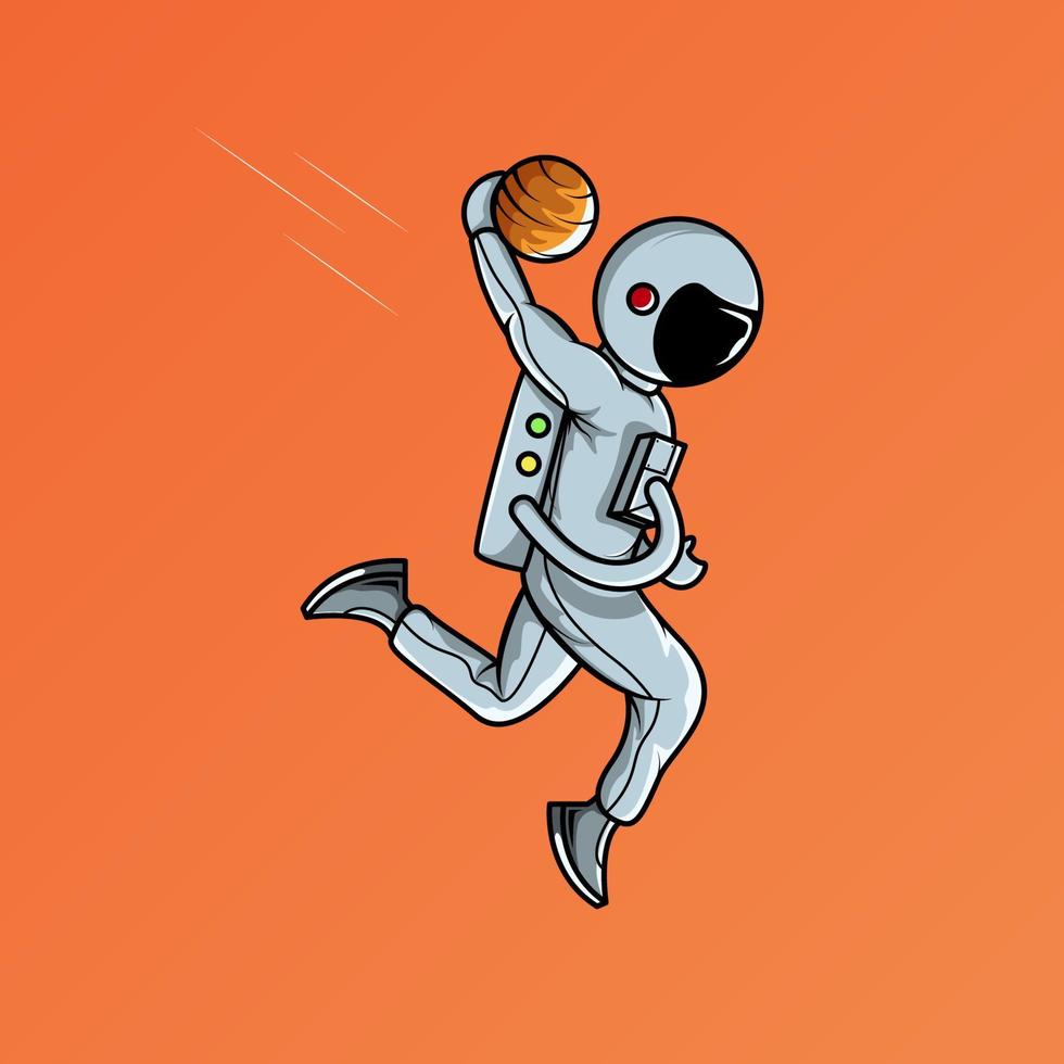 el astronauta juega a la pelota del planeta y hace una ilustración vectorial de slam dunk vector