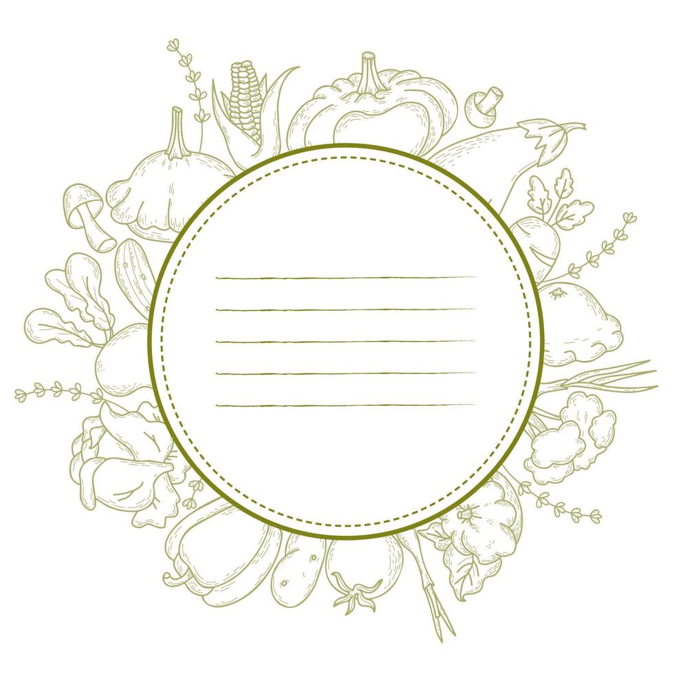 Round frame sticker made of linear hand drawn vegetables and root crops. Mushrooms, pumpkin, pepper and onion, cabbage and eggplant. Vector illustration in vintage style for menu design and decoration