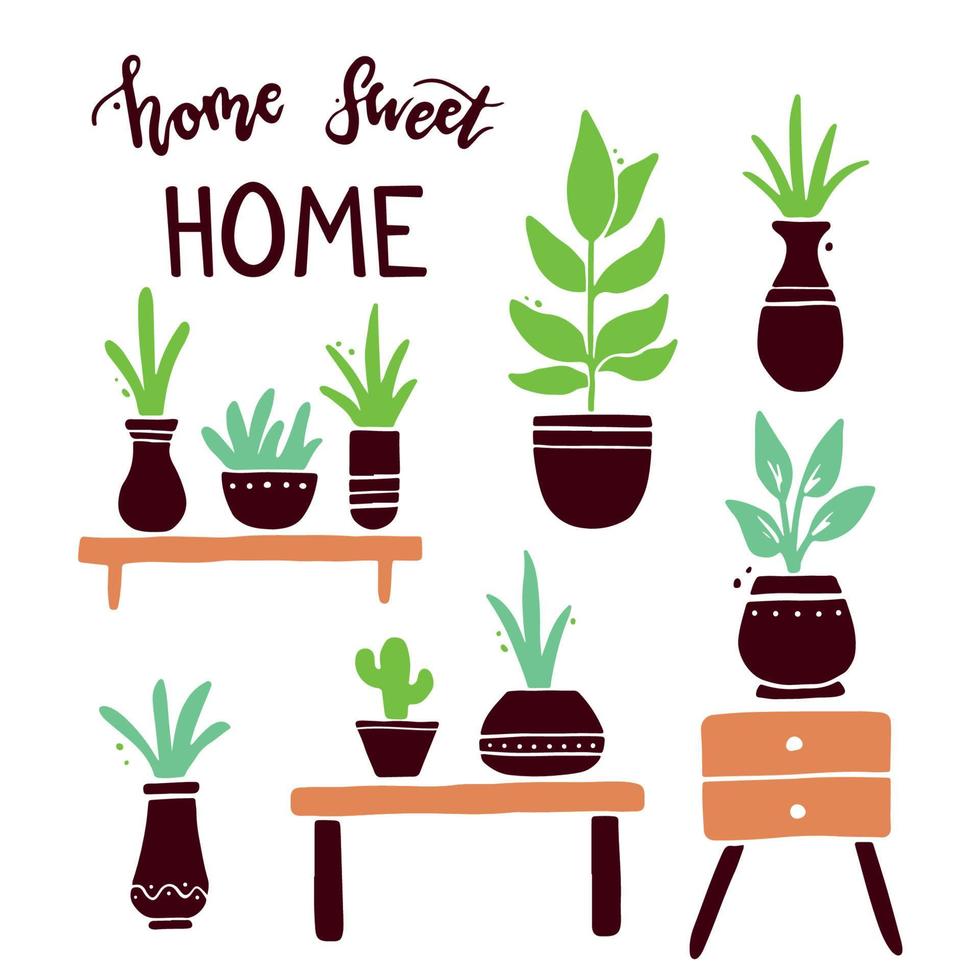 Hand drawn set of cute home plant vector