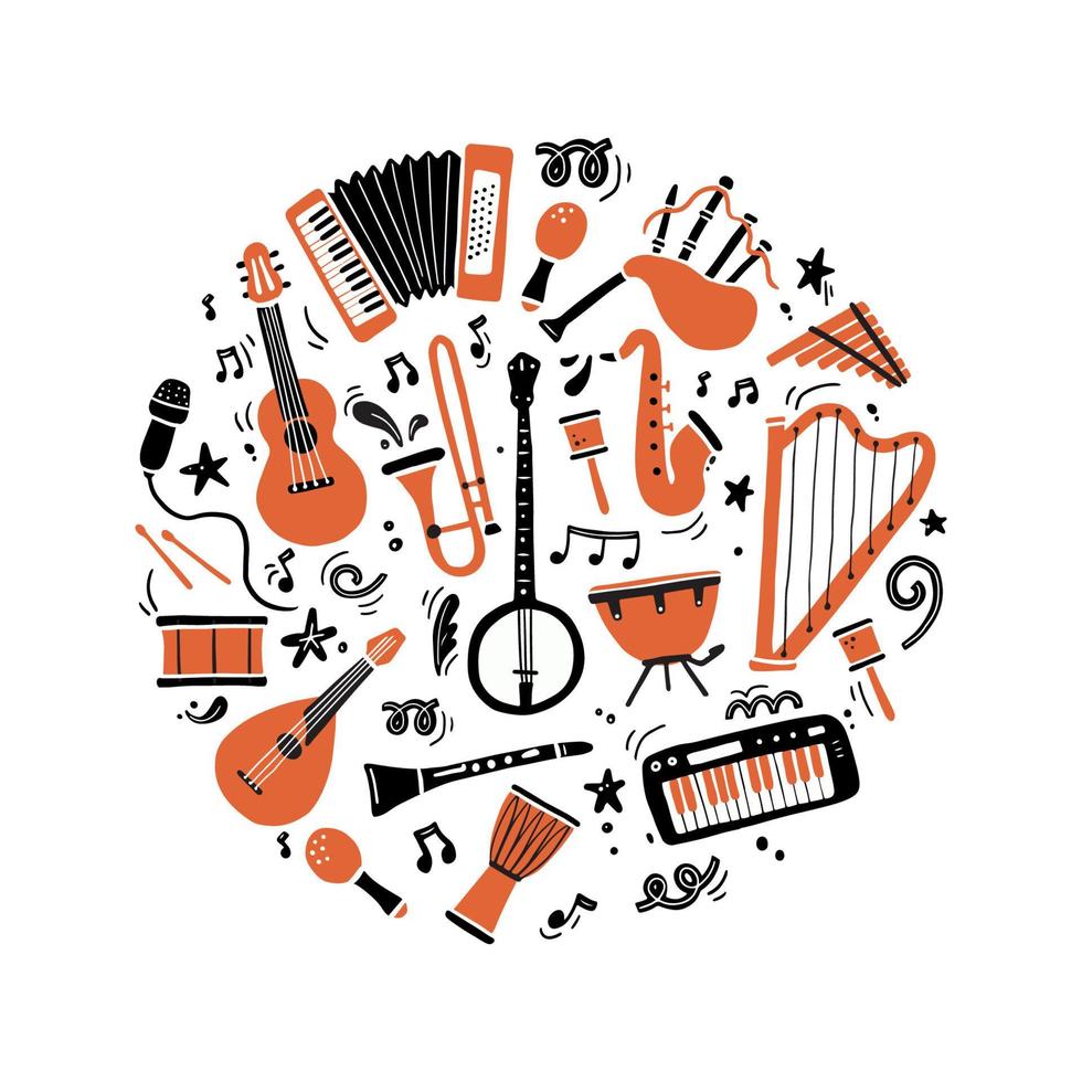 Hand drawn set of different types musical instrument vector
