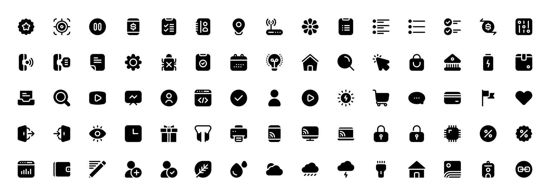 conjunto de iconos misceláneos estilo sólido. interfaz de usuario, finanzas, banca, naturaleza y más vector