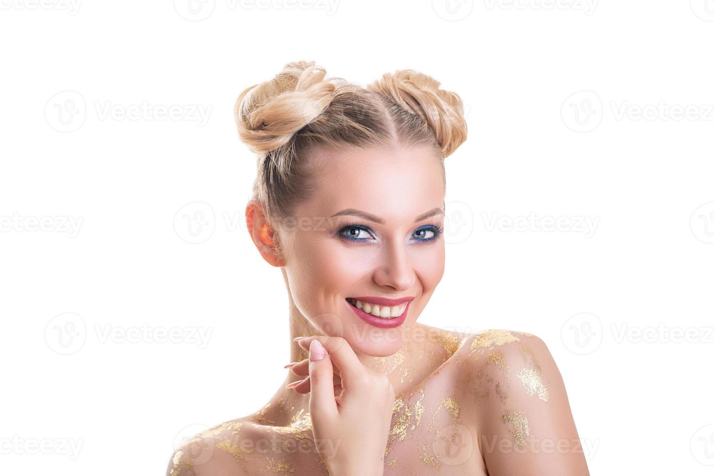 Beauty Woman face Portrait. Beautiful Spa model Girl with Perfect Fresh Clean Skin. Blonde female looking at camera and smiling. Youth and Skin Care Concept. Isolated on a white backgroun photo