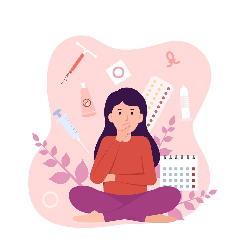 Different types of contraception. Concept of a woman who is thinking about the right contraception for her. flat style design. Vector illustration.