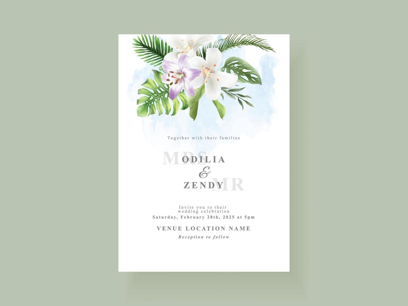 hermosa plantilla de tarjeta de invitación de boda de hojas tropicales vector