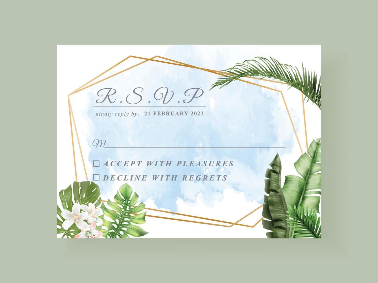 hermosa plantilla de tarjeta de invitación de boda de hojas tropicales vector