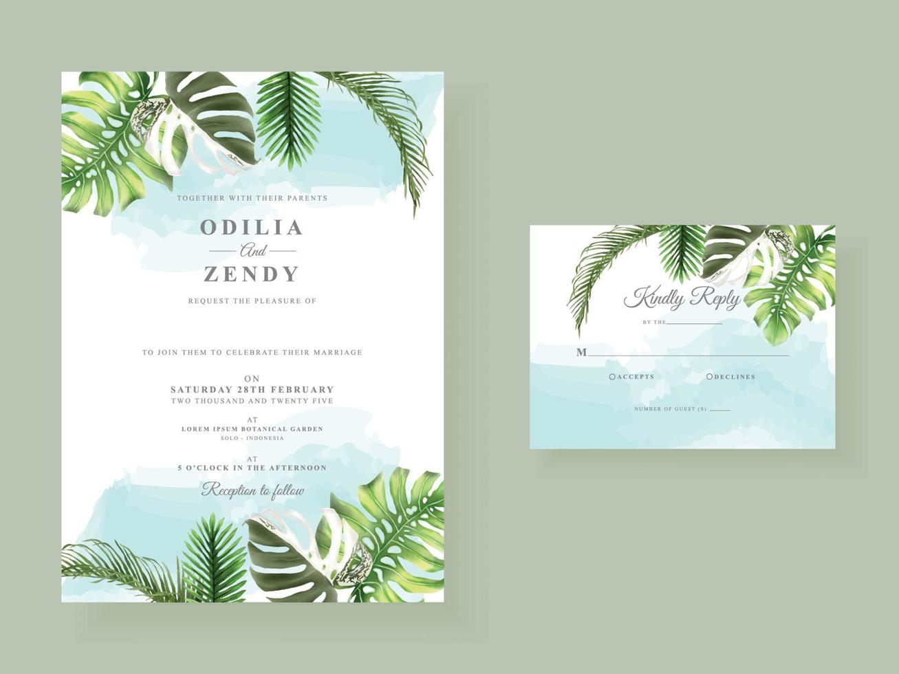 Beautiful tropical leaves wedding invitation card template vector