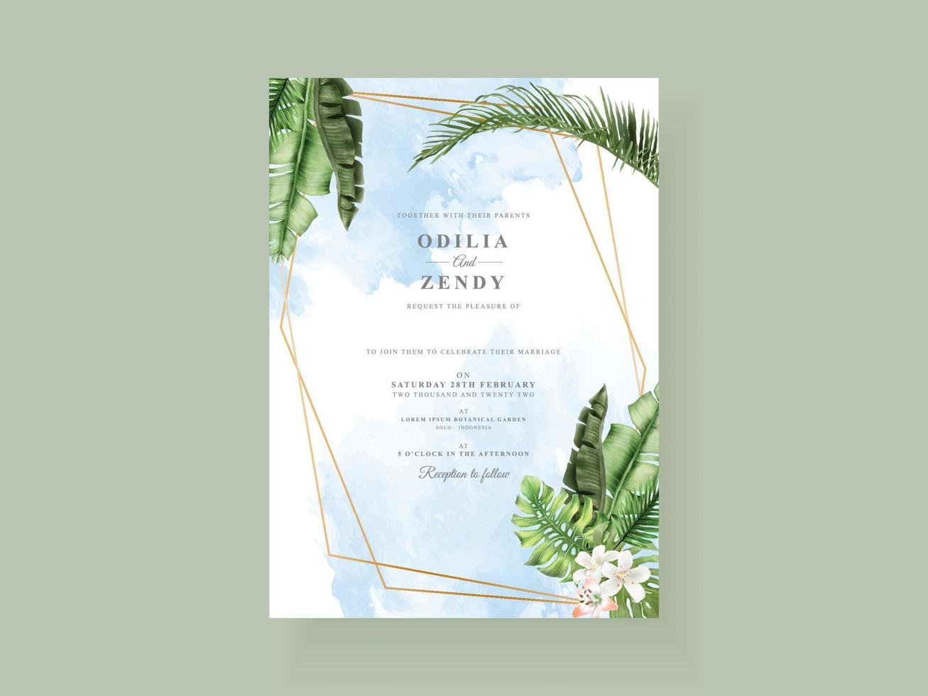 Beautiful tropical leaves wedding invitation card template vector