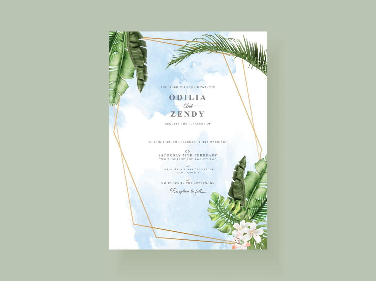 hermosa plantilla de tarjeta de invitación de boda de hojas tropicales vector