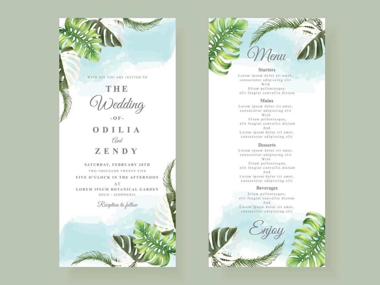 hermosa plantilla de tarjeta de invitación de boda de hojas tropicales vector