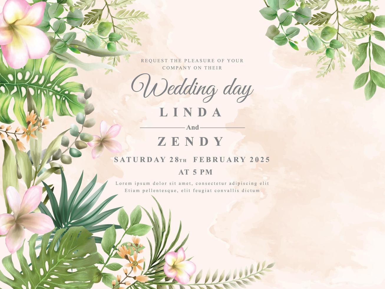 Elegant greenery floral hand drawn wedding invitation card vector