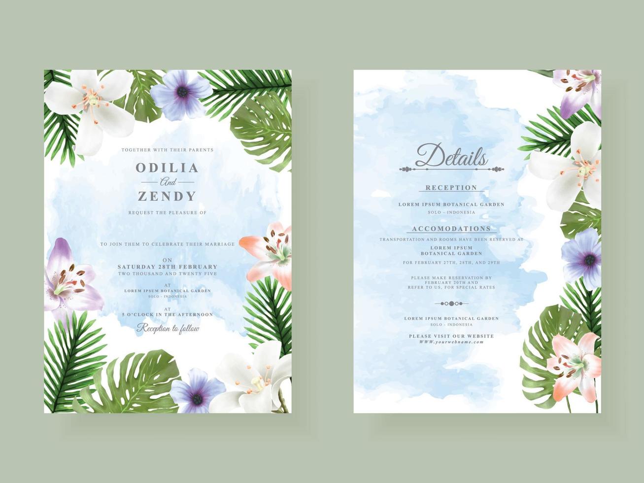 hermosa plantilla de tarjeta de invitación de boda de hojas tropicales vector