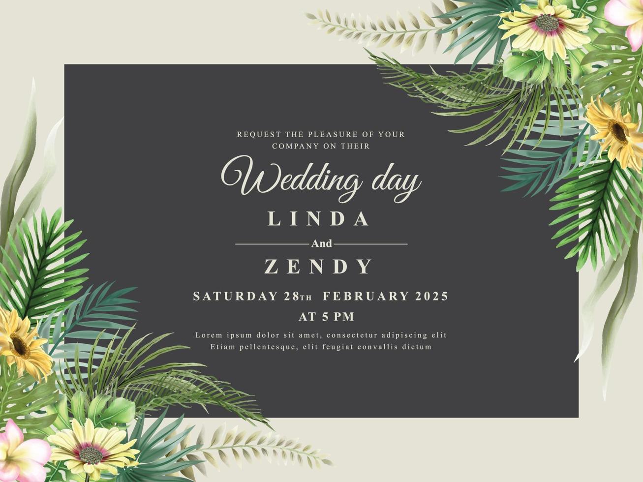 Elegant greenery floral hand drawn wedding invitation card vector