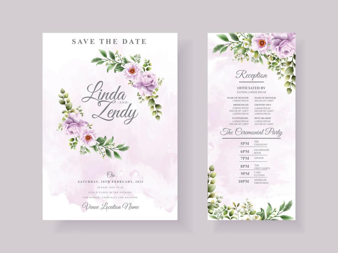 Elegant purple floral wedding invitation card vector