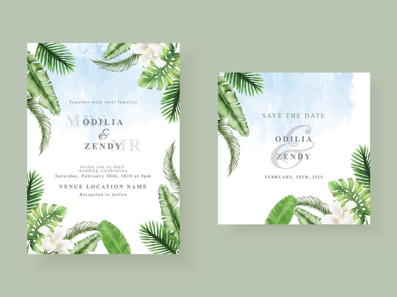 Beautiful tropical leaves wedding invitation card template vector