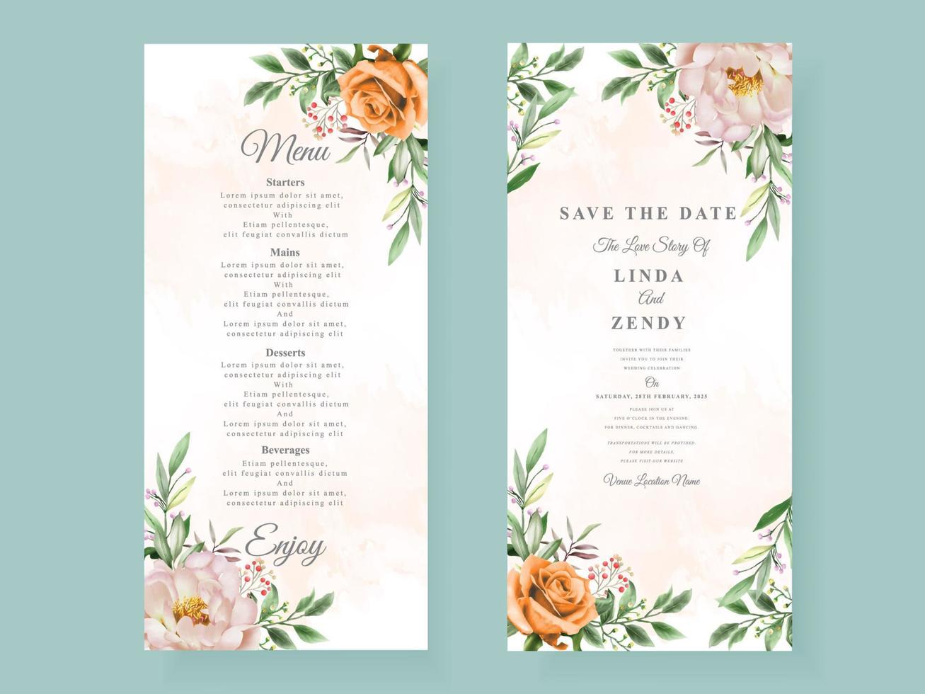 Elegant greenery floral hand drawn wedding invitation card vector