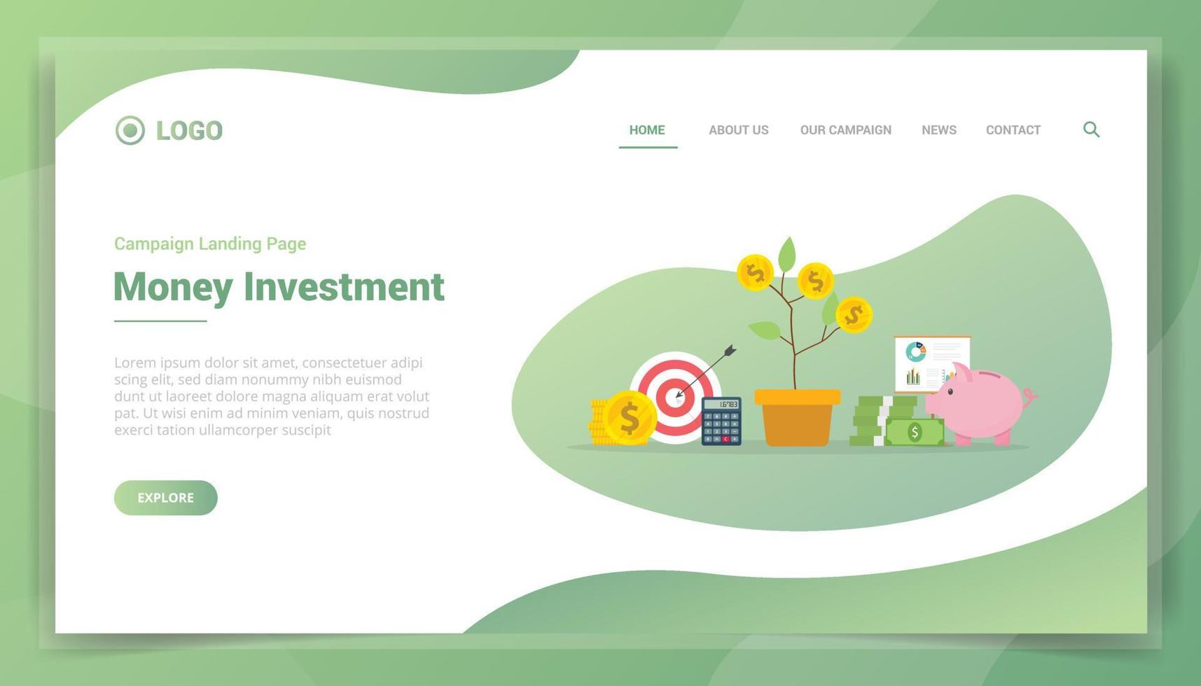 concepto de inversión de dinero para la página de inicio de aterrizaje de la plantilla del sitio web vector