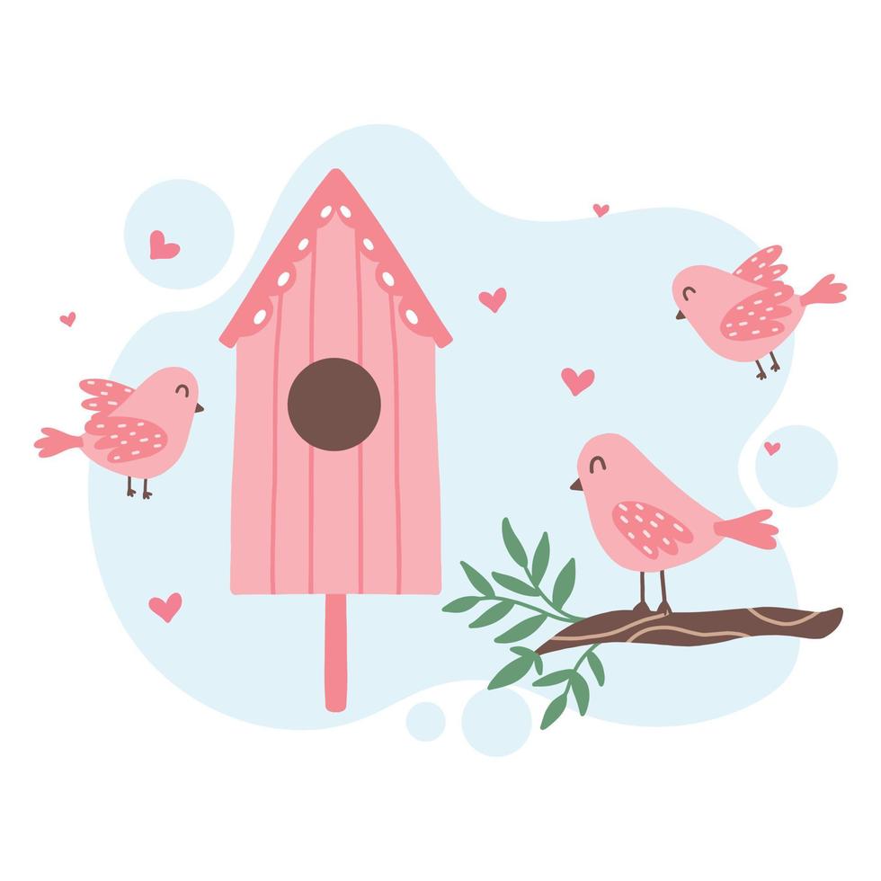 Spring flower in a pot. Cute pink flowers and birds. Cute spring card with potted flowers and birds. Vector spring card in cartoon style.