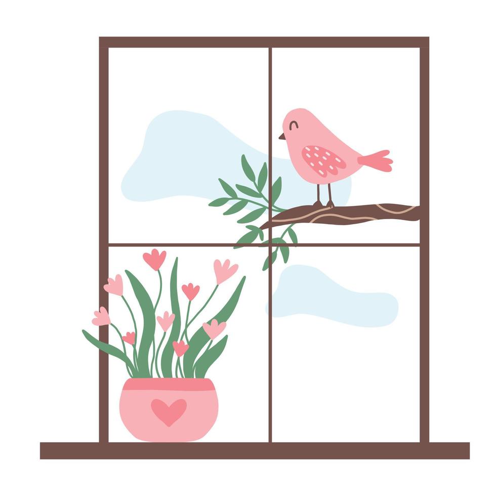 A cute pink bird sits outside the window on a branch. Spring coming illustration. There is a flower pot on the windowsill. Vector illustration in hand drawn style.