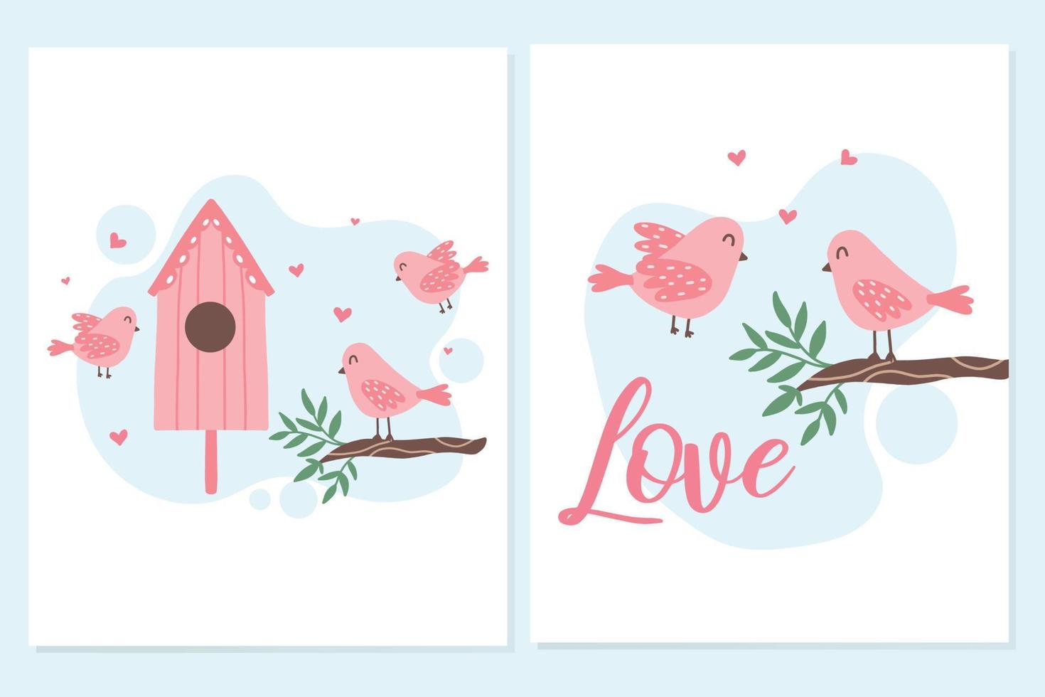 Set of spring cards with birds. Poster with pink birds and birdhouse. Poster with cute pink love birds. Vector illustration in cartoon style.