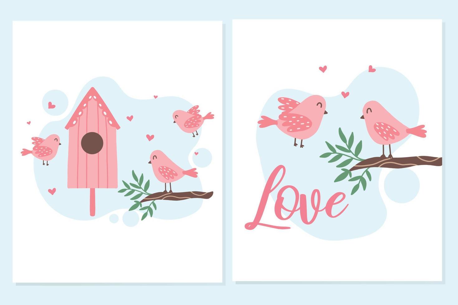 juego de tarjetas de primavera con pájaros. cartel con pájaros rosas y casita para pájaros. afiche con lindos pájaros rosados del amor. ilustración vectorial en estilo de dibujos animados. vector