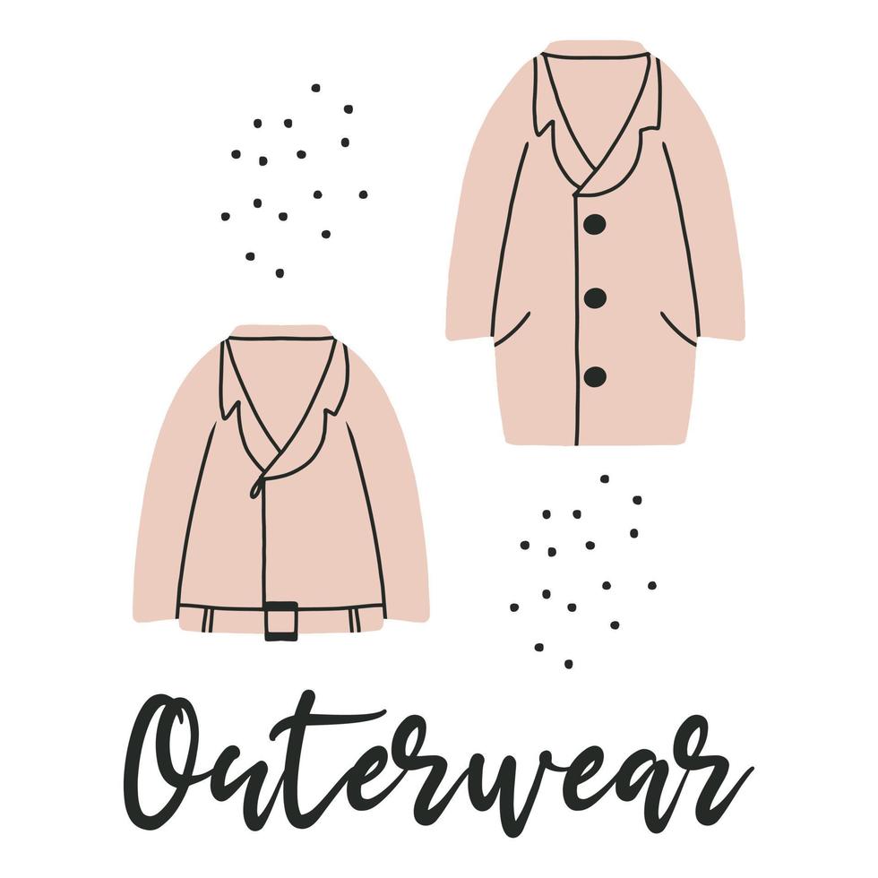 ropa de abrigo ropa de mujer. abrigo y chaqueta de mujer. ropa de primavera ilustración vectorial en estilo garabato. vector