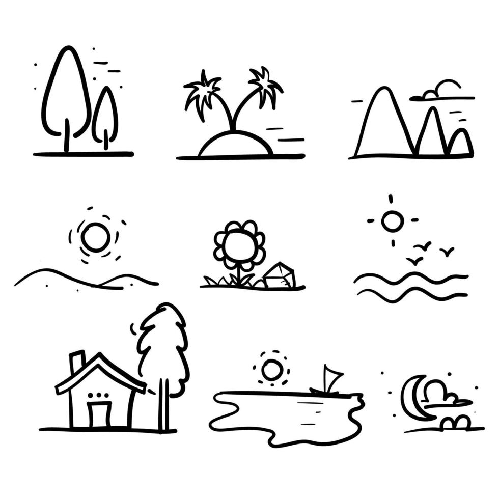 hand drawn doodle icons of landscape illustration collection vector isolated background