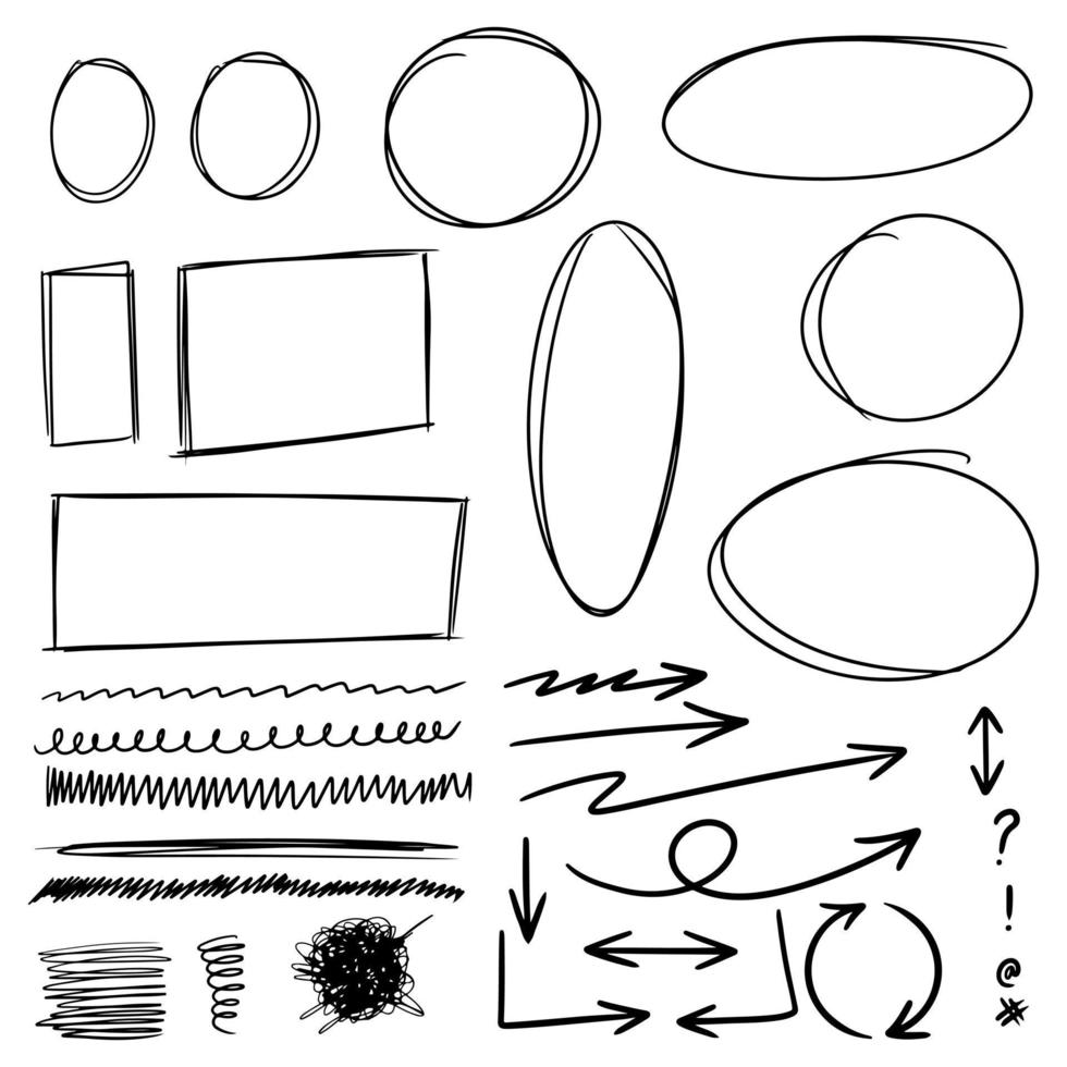 Doodle de líneas, flechas, círculos y curvas vector.Elementos de diseño dibujados a mano aislados sobre fondo blanco para infografía. ilustración vectorial. vector